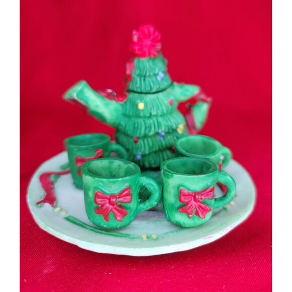 Miniature Christmas Tree TeaPot w/Cups Hand Painted Green Hermitage Pottery Set - Picture 4 of 12